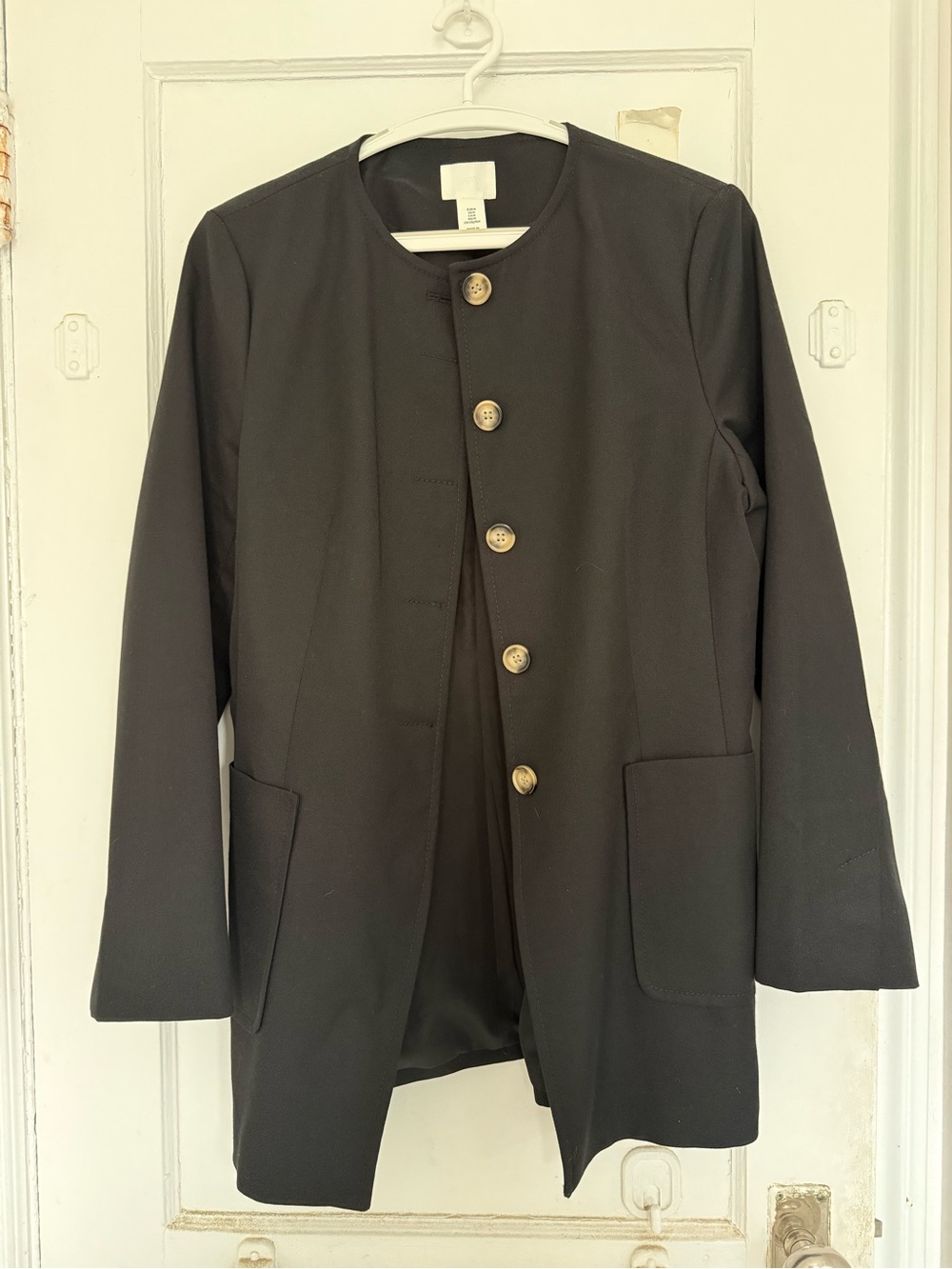 H&M Black Collarless Blazer with tortoise shell Buttons